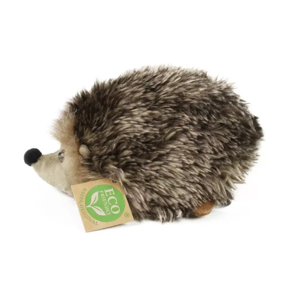 Zijaanzicht van de Rappa pluche egel met groen ECO-label