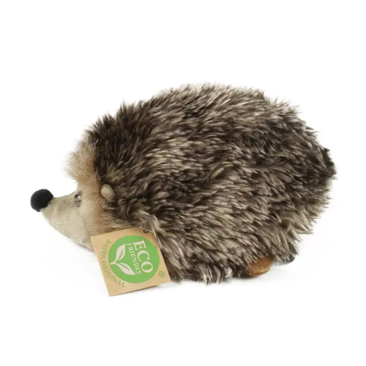 Zijaanzicht van de Rappa pluche egel met groen ECO-label