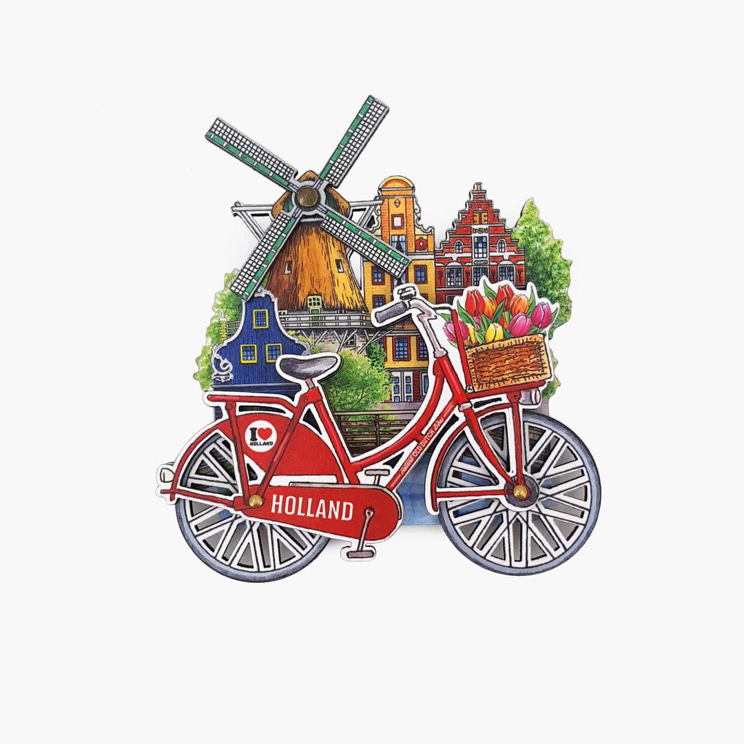Koelkastmagneet Holland geveltjes molen en fiets