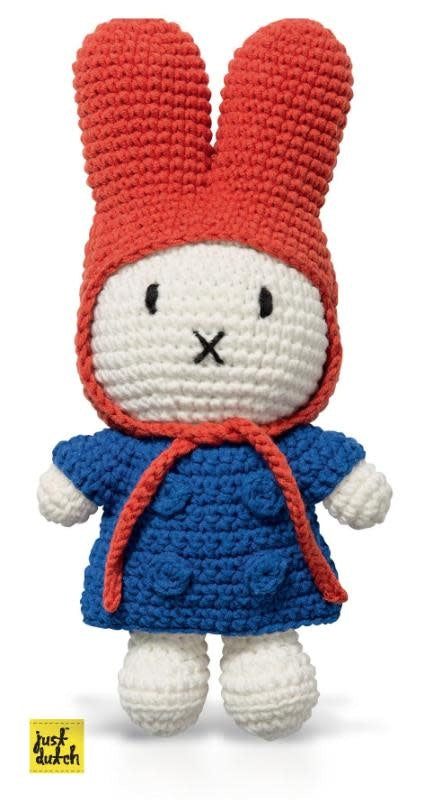 Gehaakte Knuffel | Miffy/Nijntje | Blue Dress | Red Hat | 25 cm | 100 % Cotton | 0+