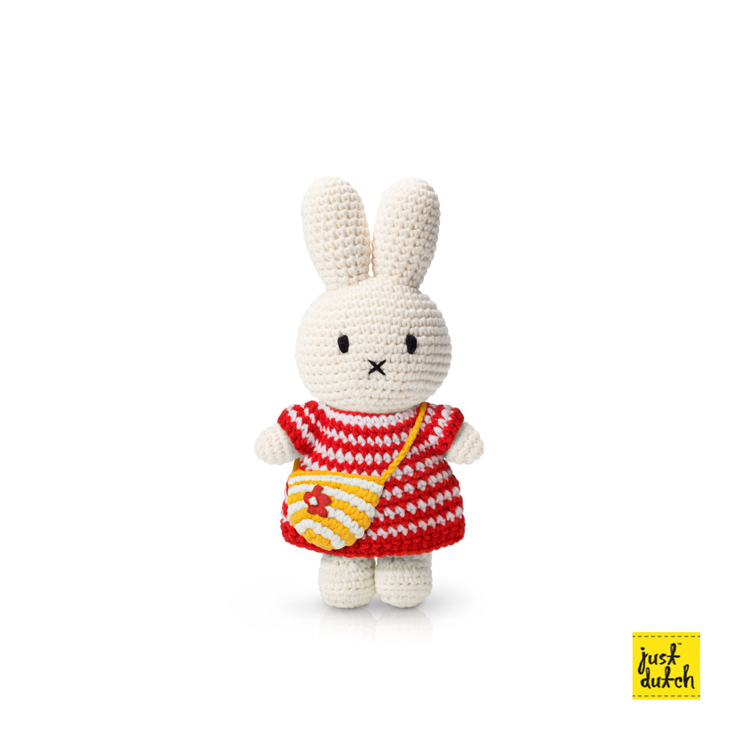 Crochet Plush Toy | Miffy | Red Small Striped Dress | Bag | 25 cm | 100% Cotton | 0+