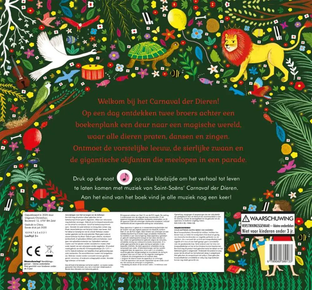 Achterkant van Carnaval der Dieren met dierenillustraties en boekinformatie