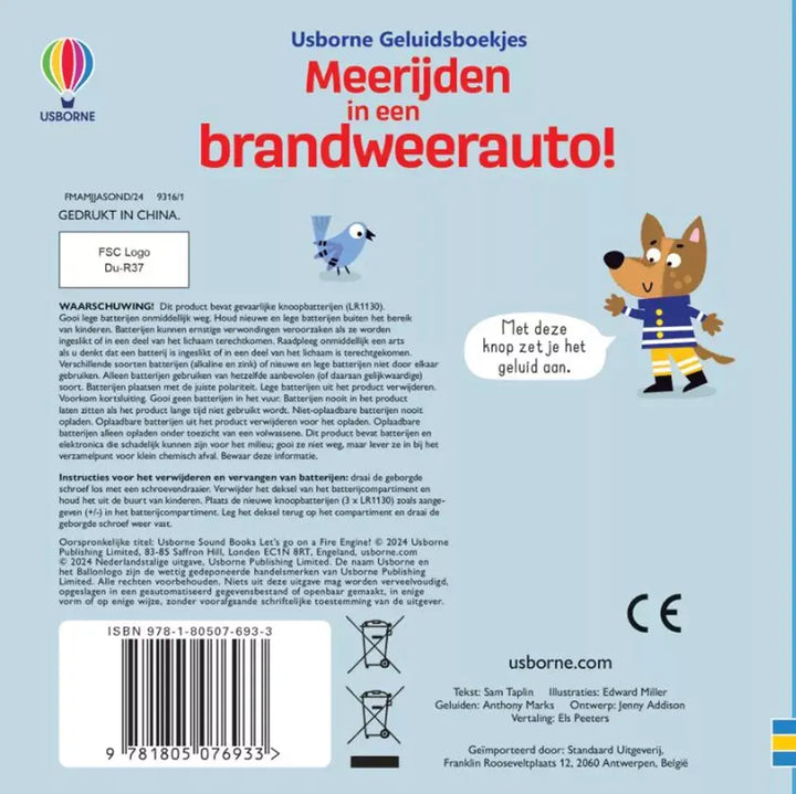 Usborne | Geluidenboek | Meerijden in een Brandweerauto | 1+