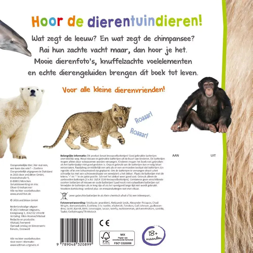 Veltman | Voel- en Geluidenboek | Welk Dier hoor ik hier? | Dierentuin | 1+