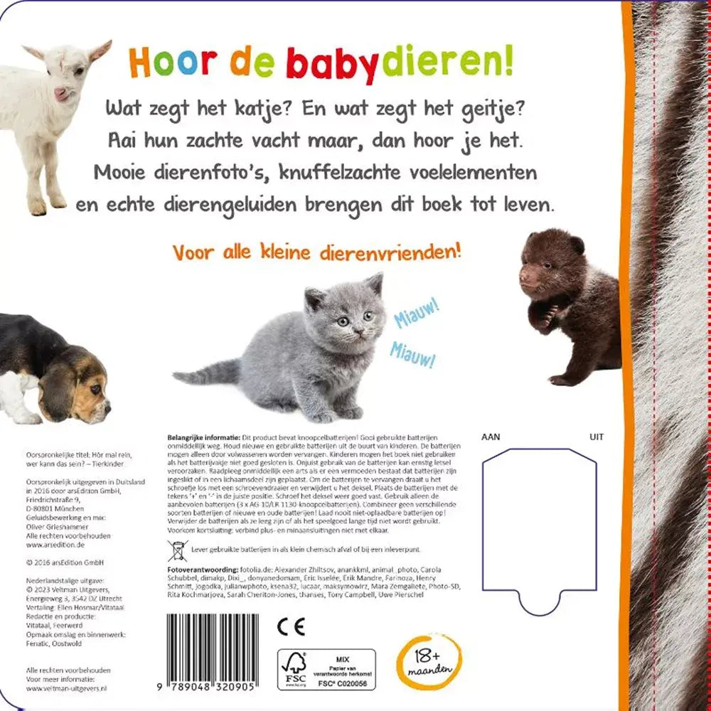 Veltman | Voel- en Geluidenboek | Welk Dier hoor ik hier? | Babydieren | 1+