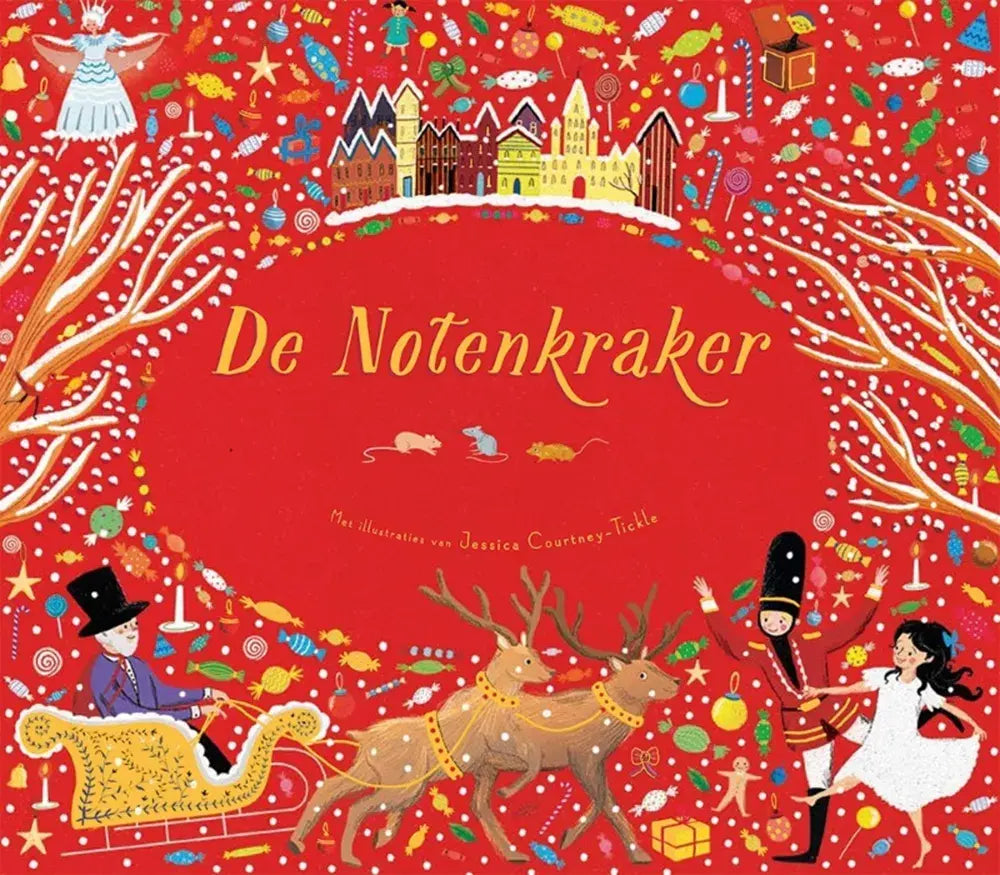 Voorkant van De Notenkraker met een arrenslee, rendieren en soldaatjes