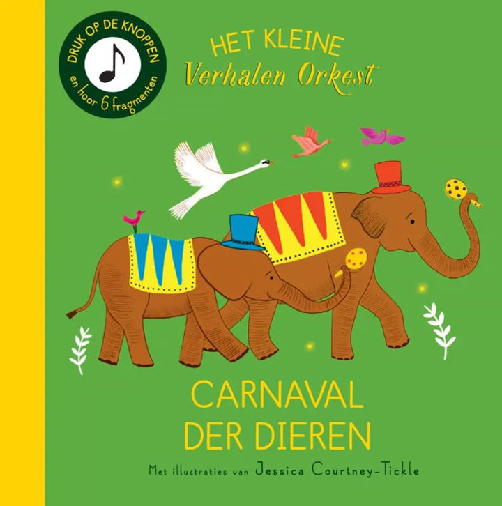 Voorkant van Het kleine verhalenorkest Carnaval der Dieren met twee olifanten en vogels
