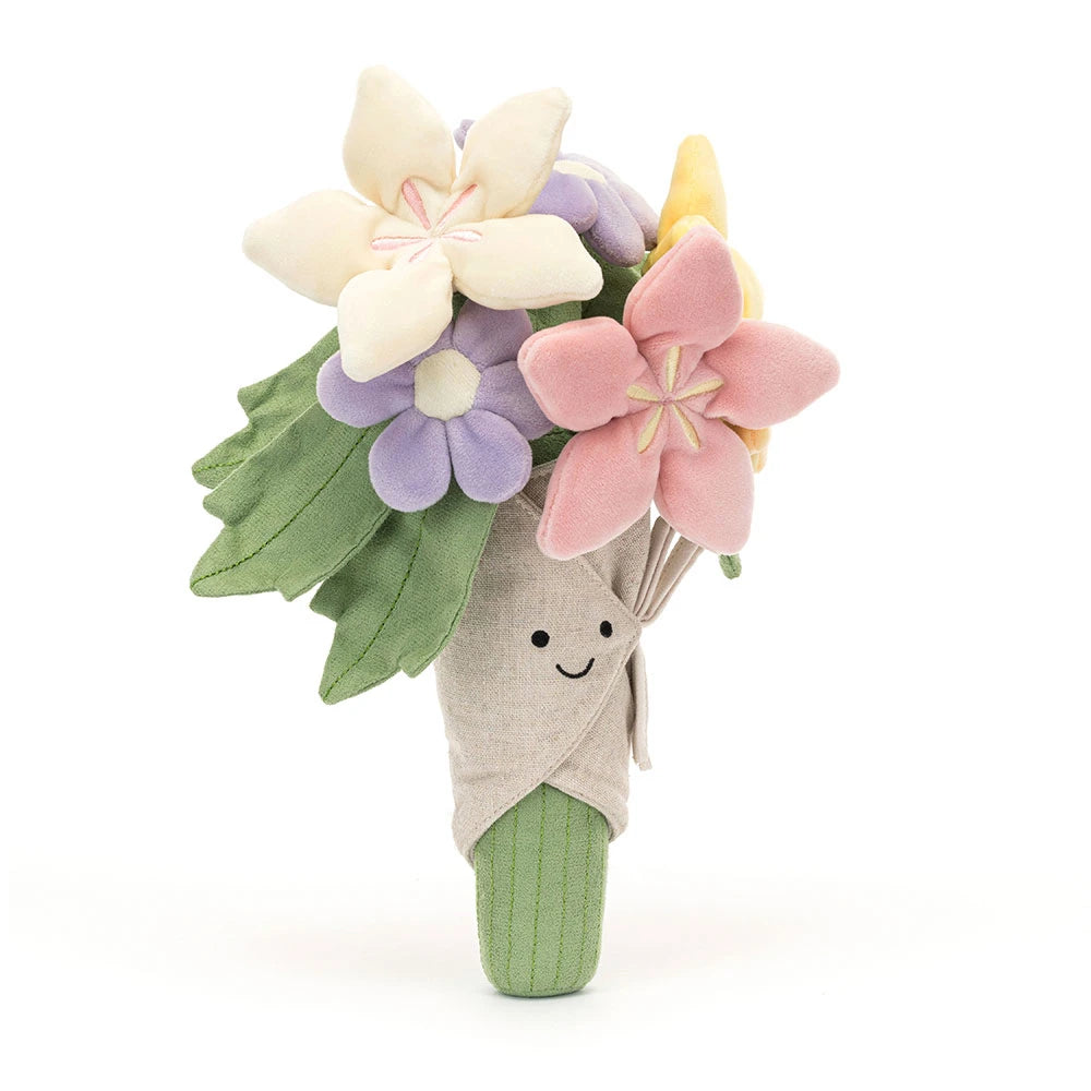 Jellycat Amuseables Bouquet of Flowers with pastel blooms and hessian wrap