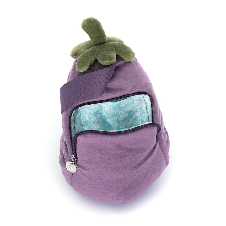 Jellycat Amuseables Aubergine Bum Bag met geopend ritsvak en blauwe voering