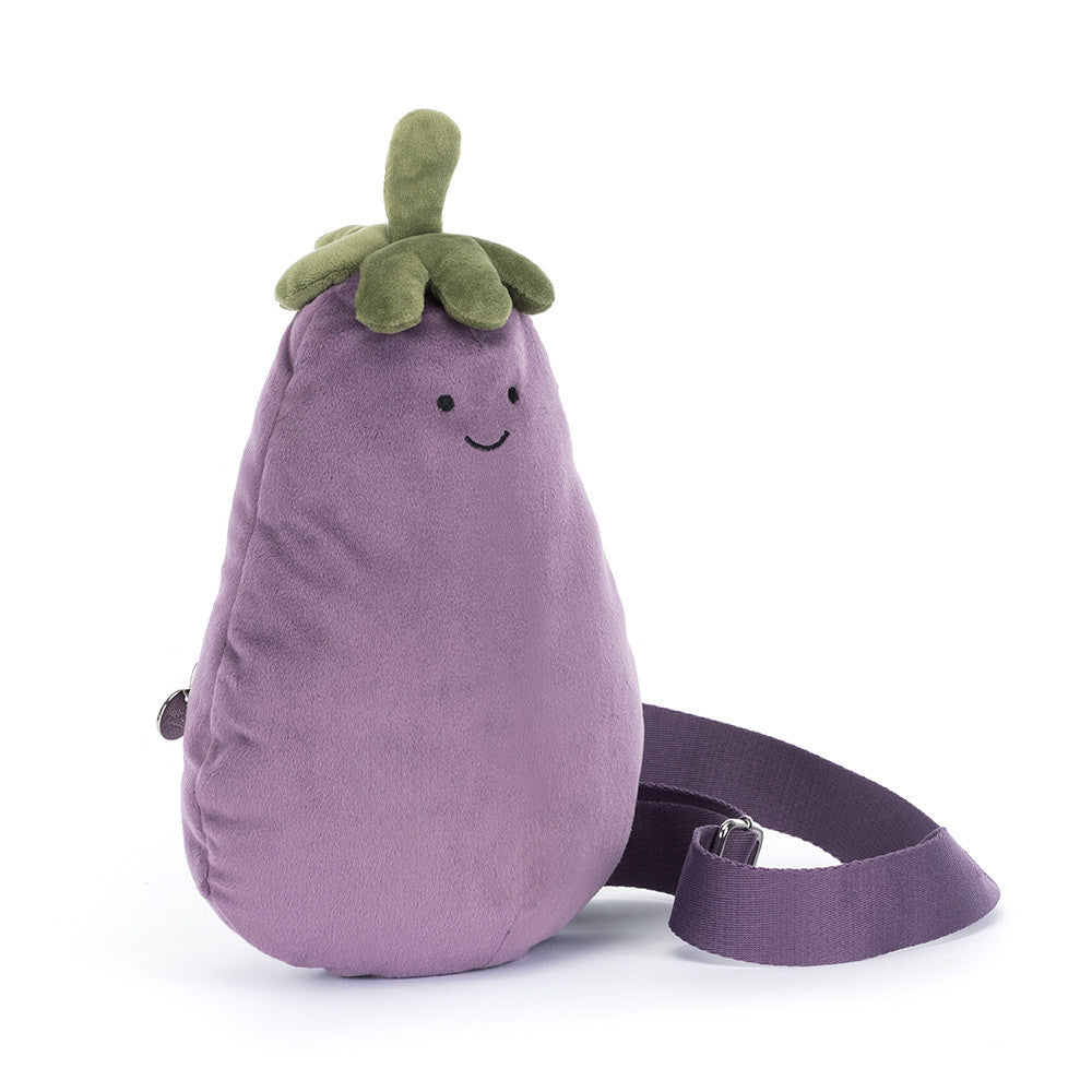 Jellycat Amuseables Aubergine Bum Bag met groene steel en glimlach, vooraanzicht