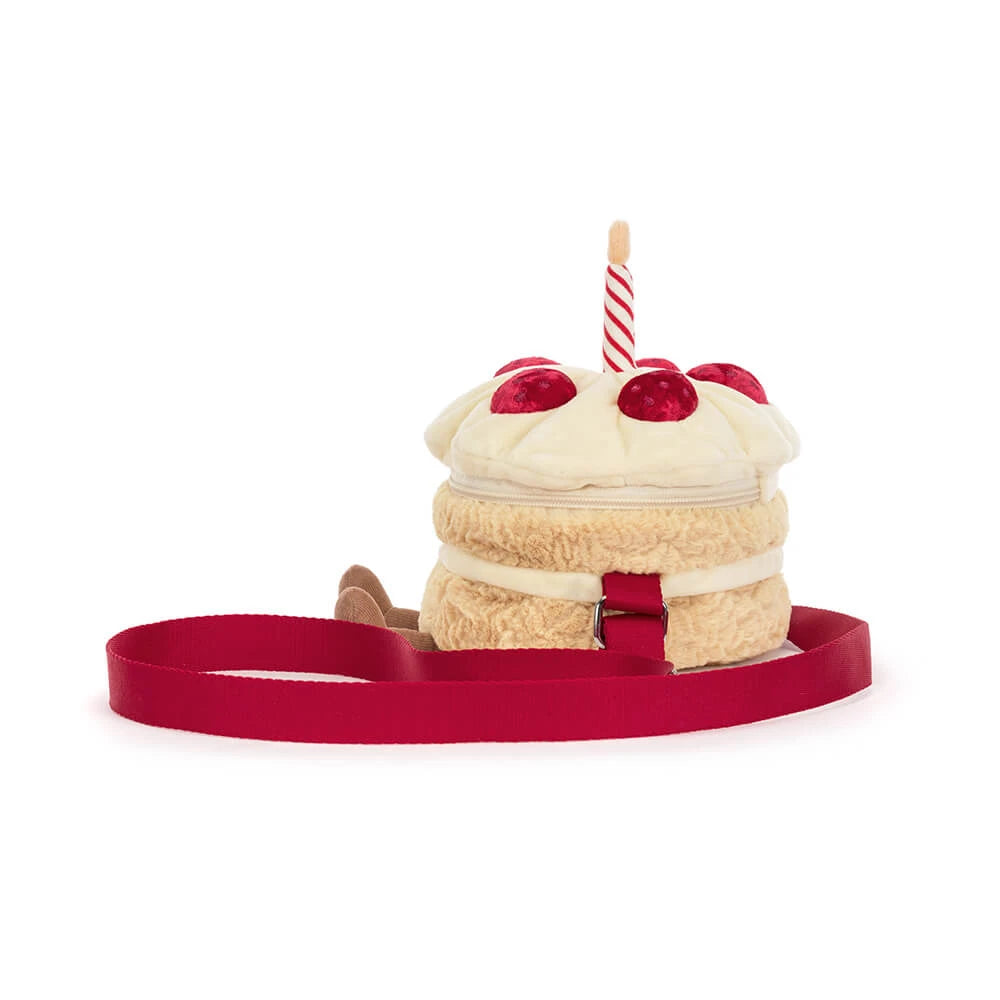 Jellycat Amuseables Birthday Cake Bag met rode draagriem, achteraanzicht
