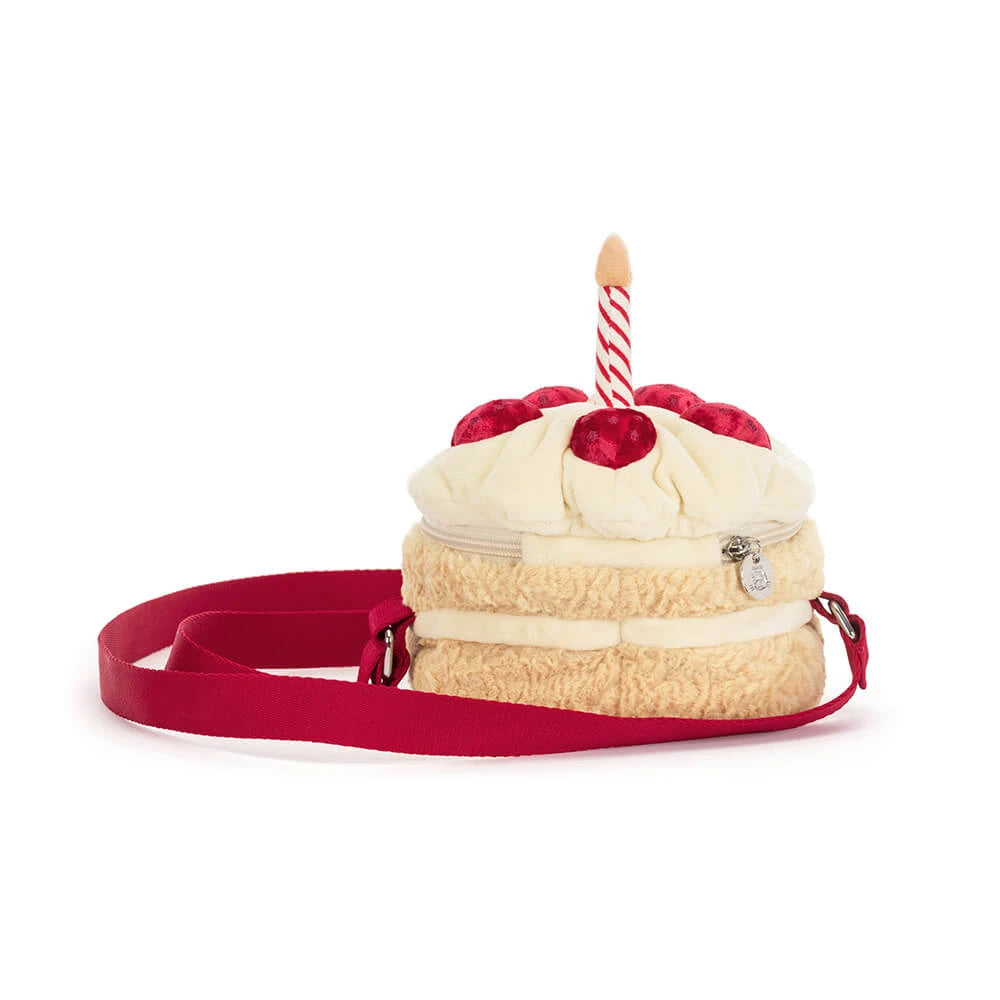 Jellycat Amuseables Birthday Cake Bag met aardbeien en kaars, zijaanzicht
