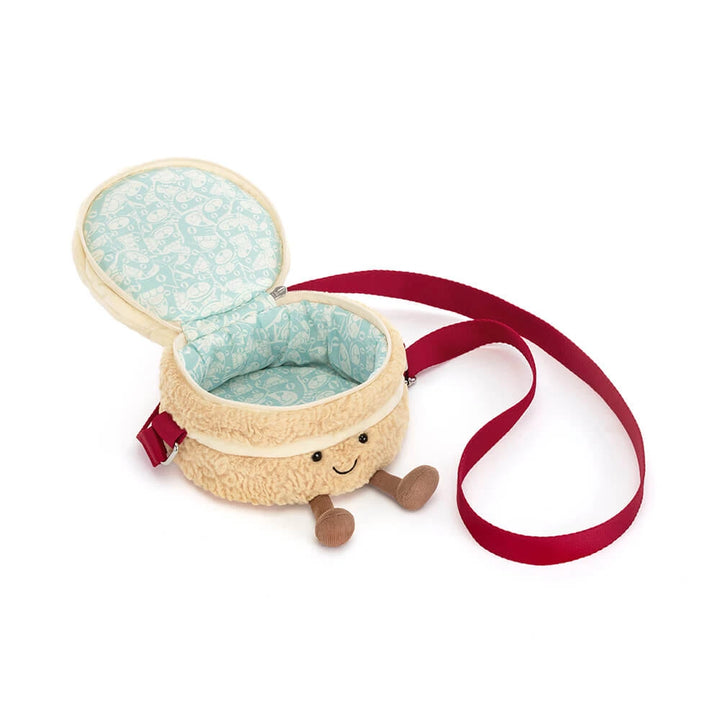 Jellycat Amuseables Birthday Cake Bag met geopend ritsvak en blauwe voering