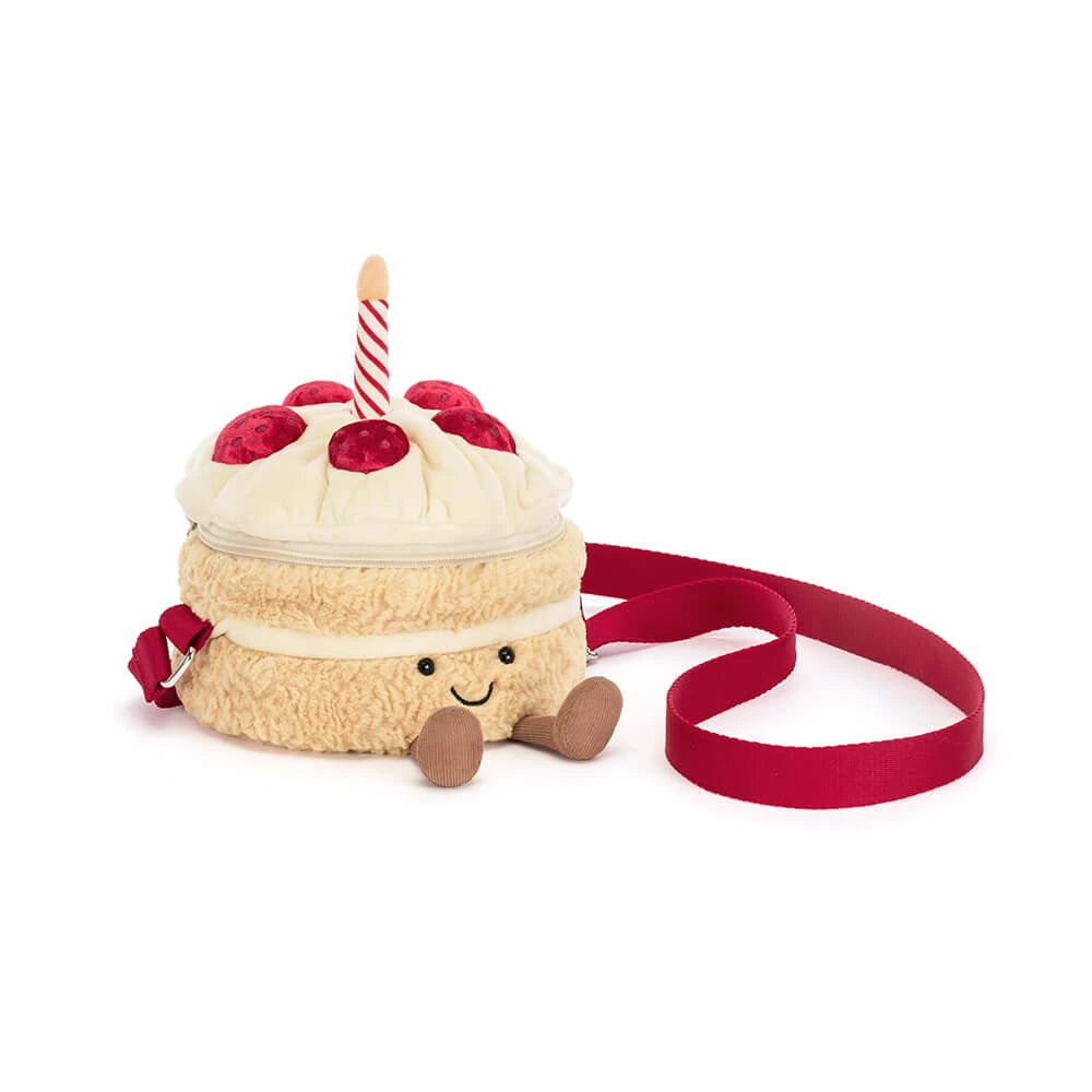 Jellycat Amuseables Birthday Cake Bag met rode draagriem, vooraanzicht