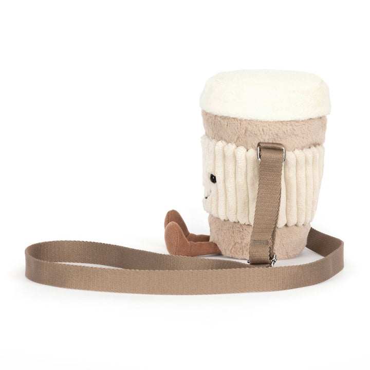 Jellycat Amuseables Perkle Coffee Shoulder Bag met bungelende beentjes, zijaanzicht