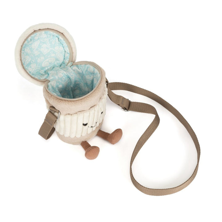 Jellycat Amuseables Perkle Coffee Shoulder Bag met geopend ritsvak en blauwe voering