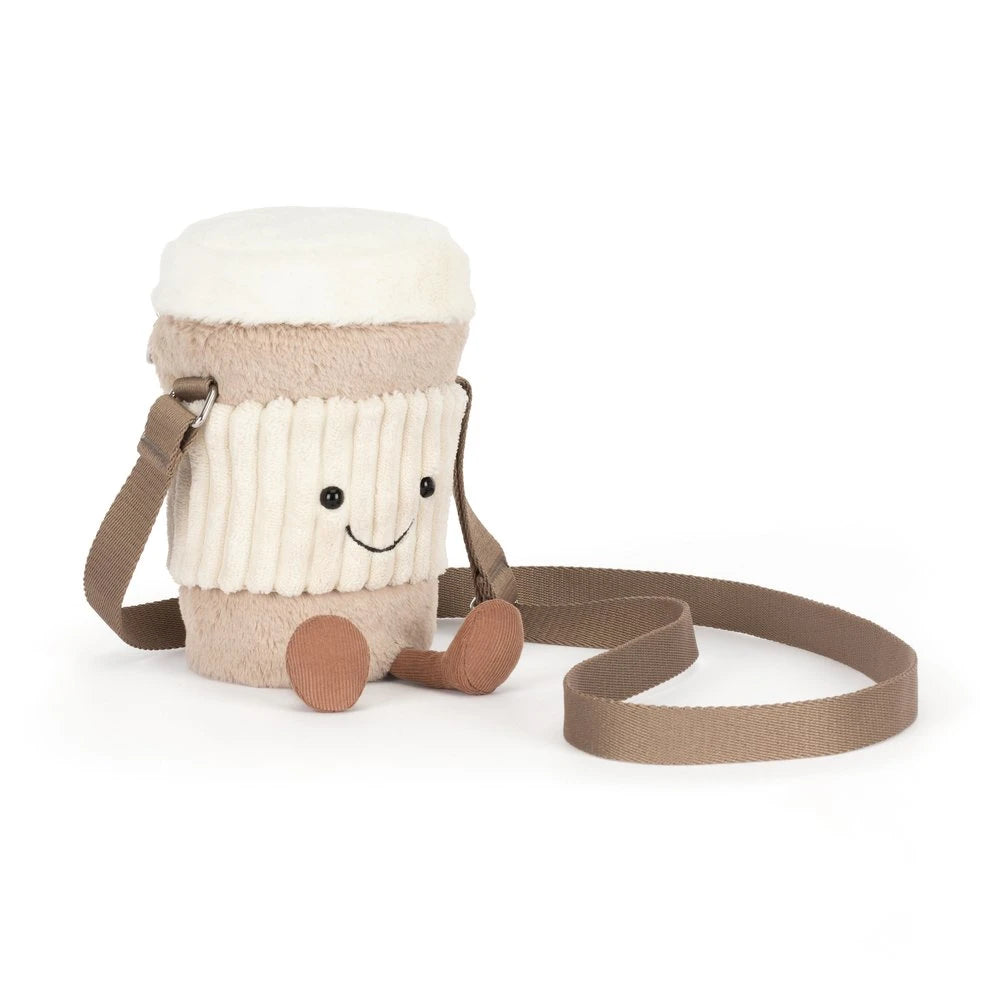Jellycat Amuseables Perkle Coffee Shoulder Bag met verstelbare riem, vooraanzicht