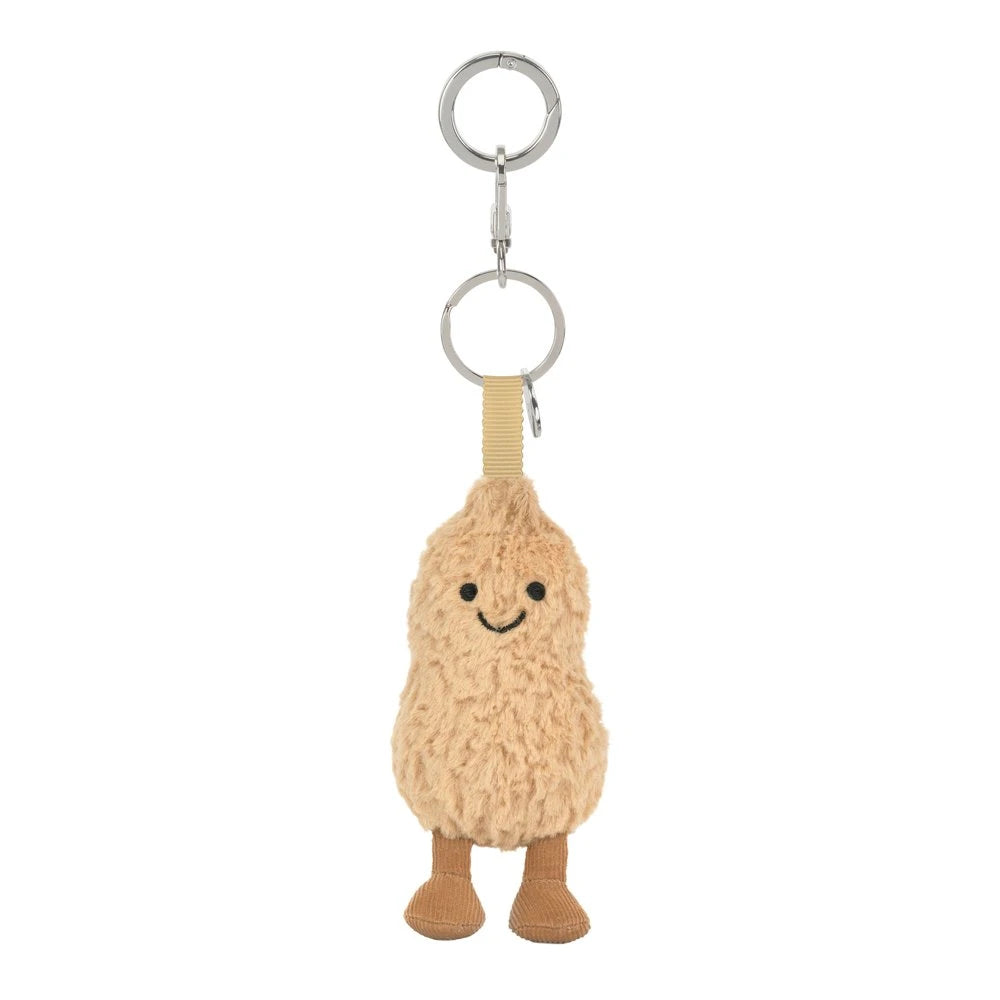 Jellycat Amuseables Peanut Bag Charm von vorn mit Schlüsselring und silberfarbener Klammer