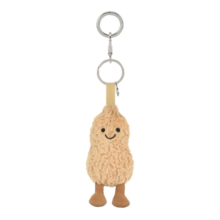 Jellycat Amuseables Peanut Bag Charm von vorn mit Schlüsselring und silberfarbener Klammer