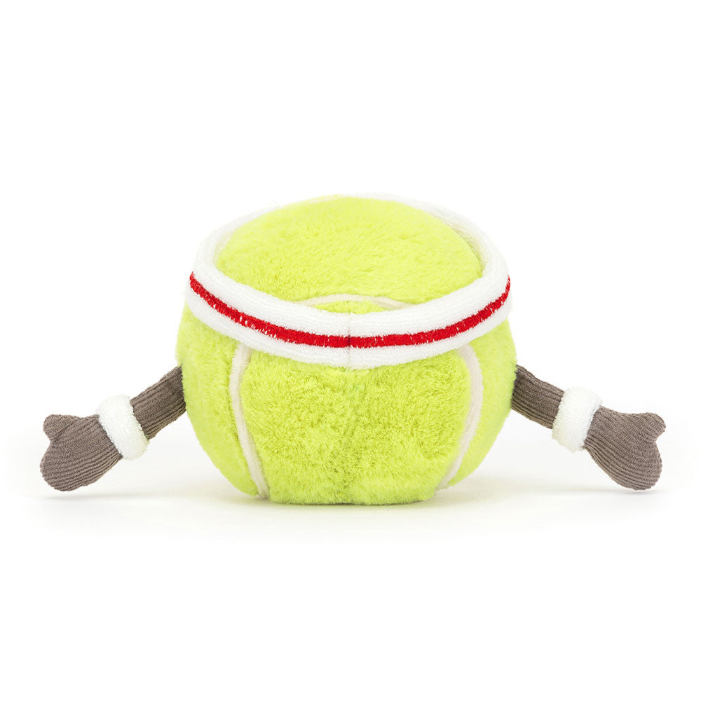 Jellycat Amuseables Sports Tennis Ball from the back with white lines and headband