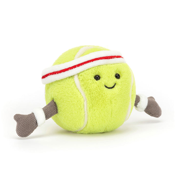 Jellycat Amuseables Sports Tennis Ball with headband and little arms, front view