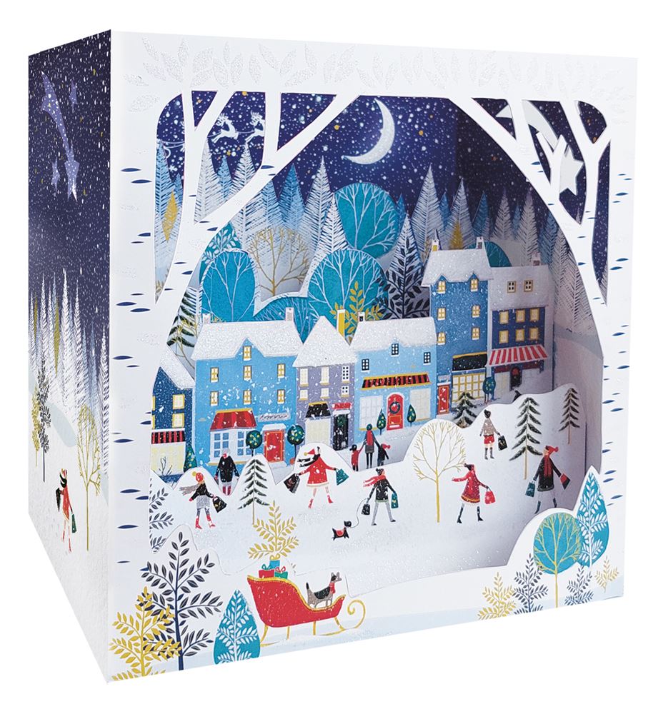 Grande carte de Noël 3D Pictura avec patineurs, maisons colorées et Père Noël dans son traîneau rouge.