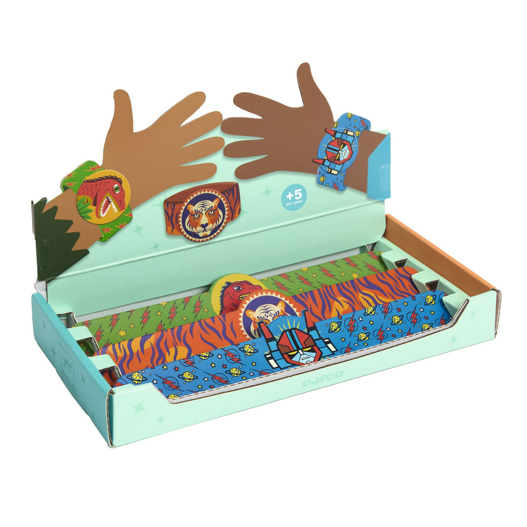 Djeco | Snap bracelet | Robot, dinosaur or tiger | Assorted | 5+ - product packaging in perspective
