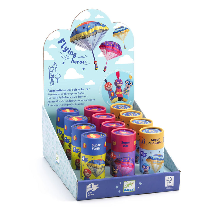 Djeco | Flying Heroes parachutist | Assorted | 4+ - product packaging in perspective