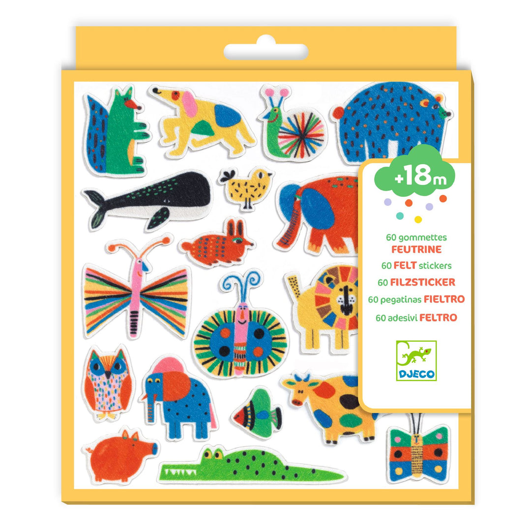Djeco | Felt stickers | Animals everywhere! | 60 pieces | 18 months+ - product packaging in perspective