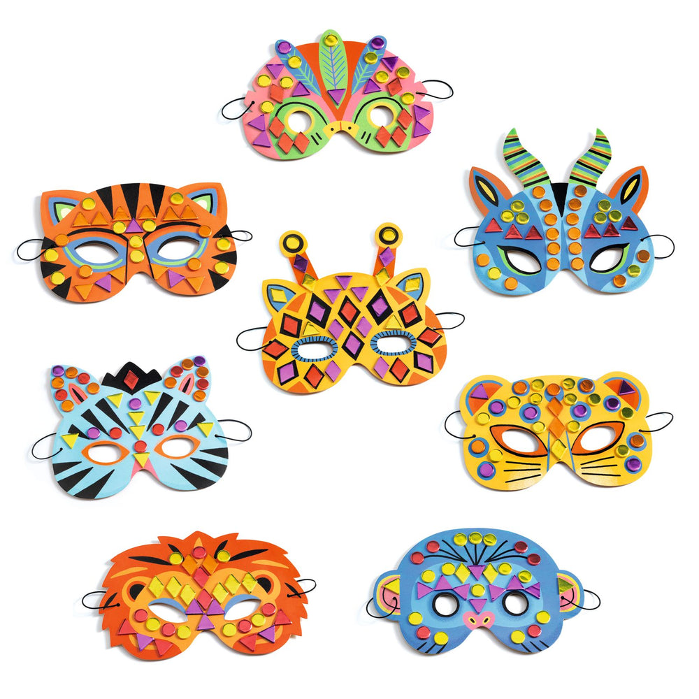 Djeco | Jungle-maskers versieren | 8 stuks | 4+ - inhoud en voorbeeldresultaat