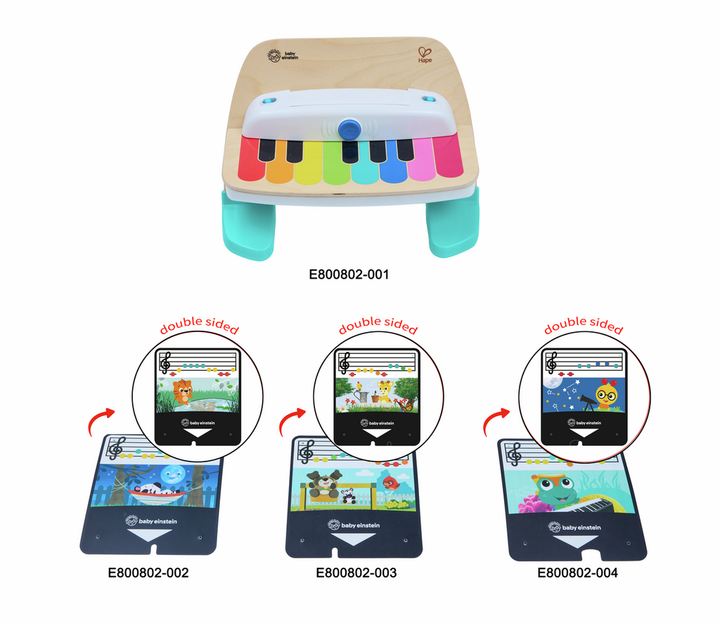Overzicht van de Baby Einstein Magic Touch Piano met kleurgecodeerde muziekkaarten