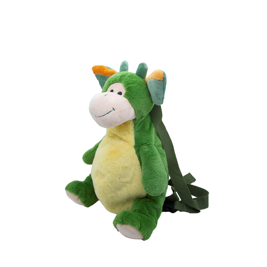 Three-quarter front view of the green dinosaur plush backpack