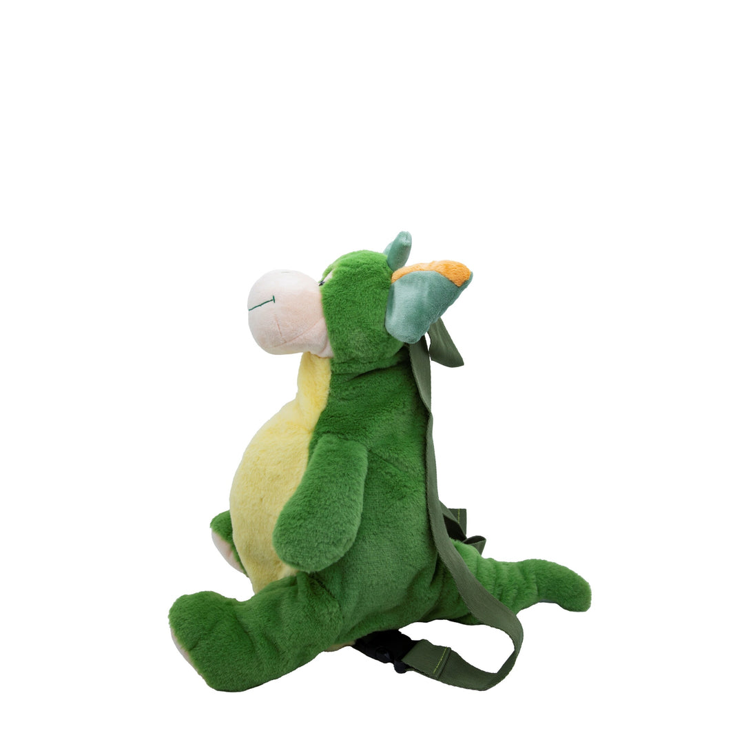 Side view of the green dinosaur backpack with shoulder straps