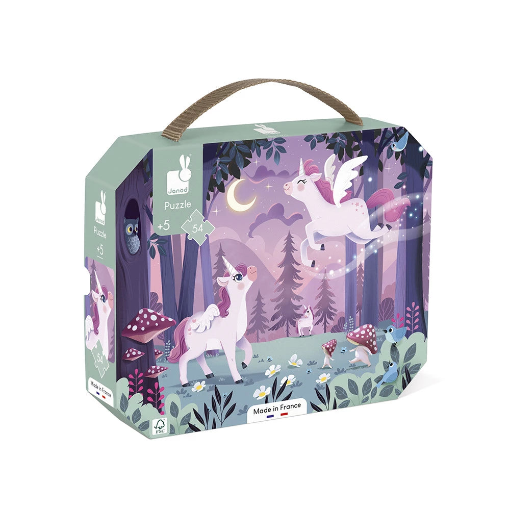 Janod Einhörner-Puzzle im violetten Koffer mit Griff, mit Einhörnern und einem Mond auf der Vorderseite.