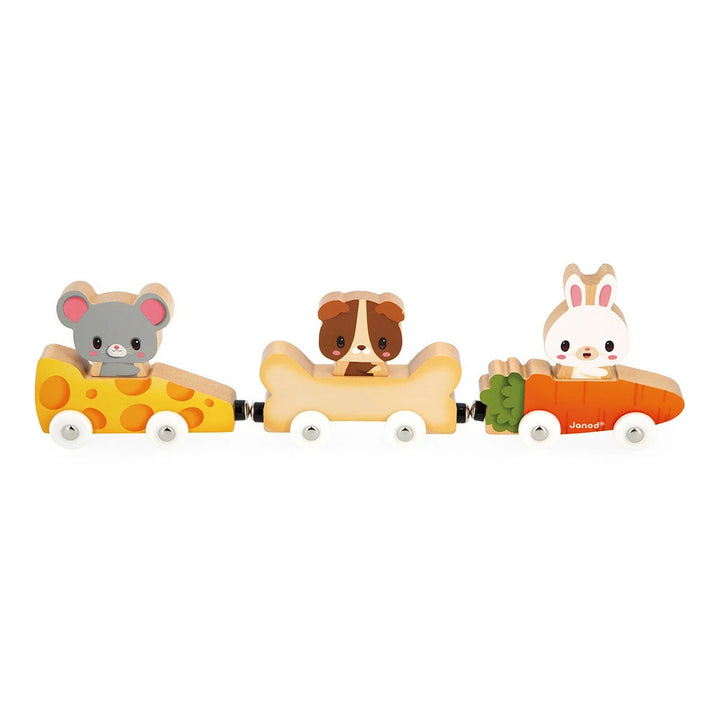 Janod magnetische Haustiere: Maus, Hund und Kaninchen auf drei verbundenen Autos in Form von Käse, Knochen und Karotte.