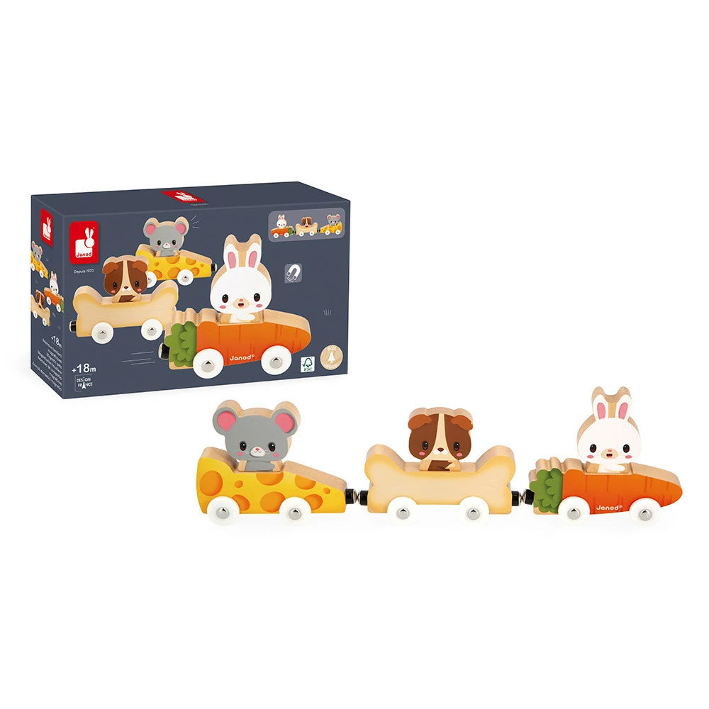 Janod Set magnetische Haustiere mit drei Holz-Tierautos vor der Verpackung.