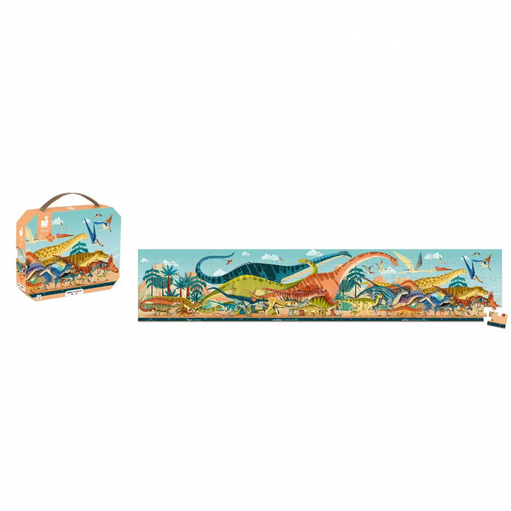 Janod Dino-Panoramapuzzle mit Aufbewahrungskoffer und losen Teilen neben dem Panorama.