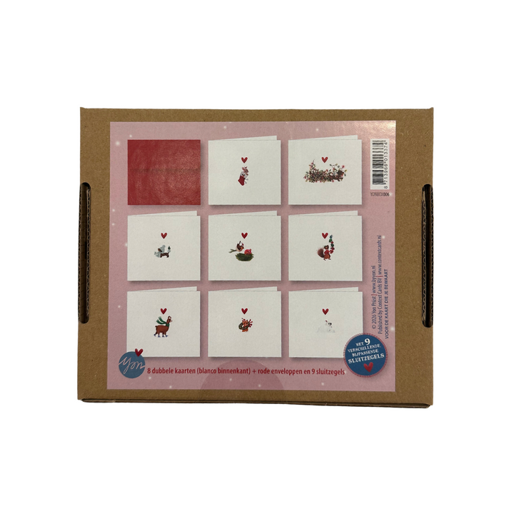 Back of Yon Christmas box 6 showing the eight card designs, a red envelope and envelope seal information