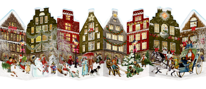 Aufgeklappter Häuser-Adventskalender mit sichtbarer Faltform