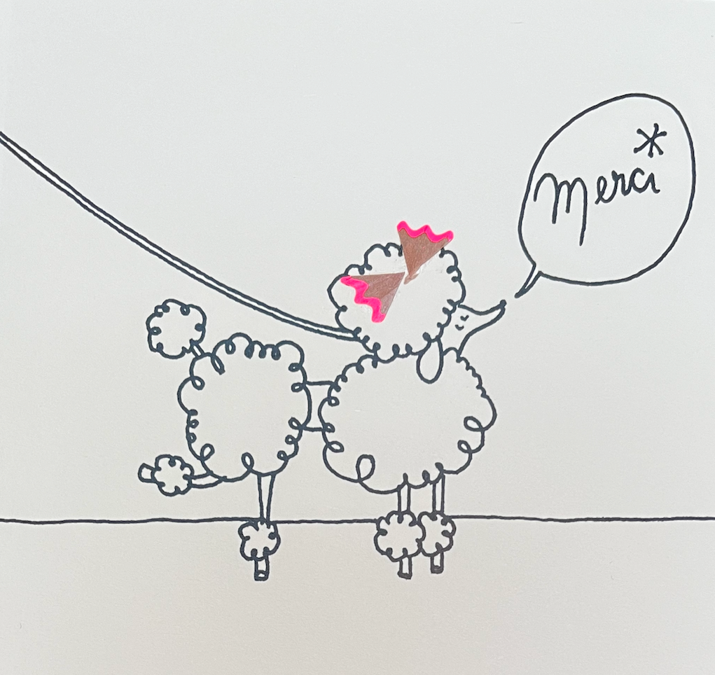 Ruth Jackson Pencil Shavings Card Merci with poodle made from pencil shavings