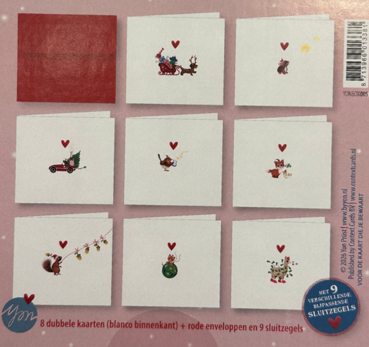 Dos de la boîte de Noël Yon 5 montrant les huit cartes, une enveloppe rouge et les informations sur les autocollants