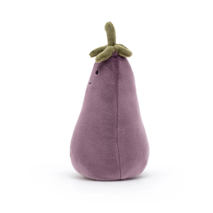 Jellycat Amuseables Aubergine von der Seite mit grünen Blättern und Stiel