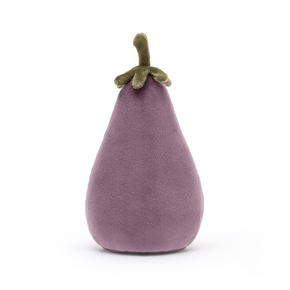 Jellycat Amuseables Aubergine von hinten mit violettem Körper und grünem Stiel