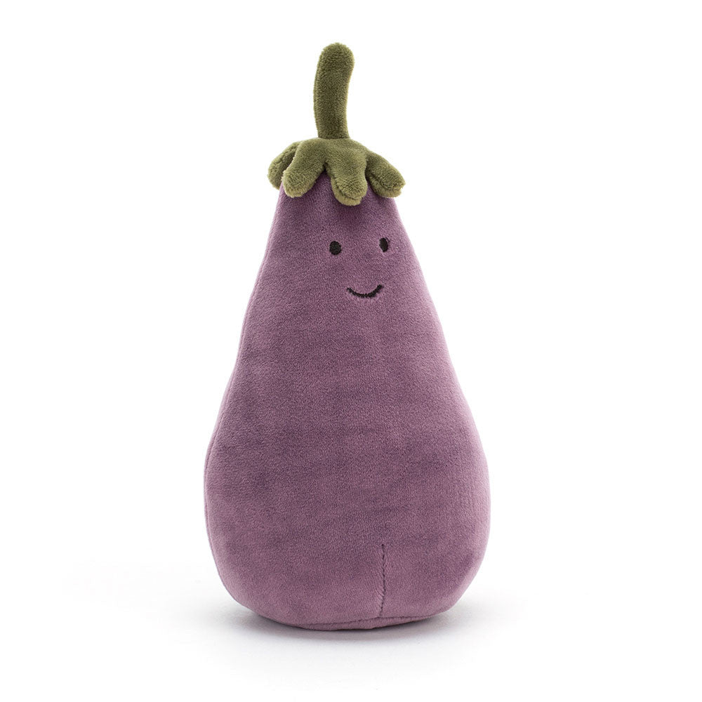 Jellycat Amuseables Aubergine von vorn, violett mit grünem Stiel und gesticktem Gesicht