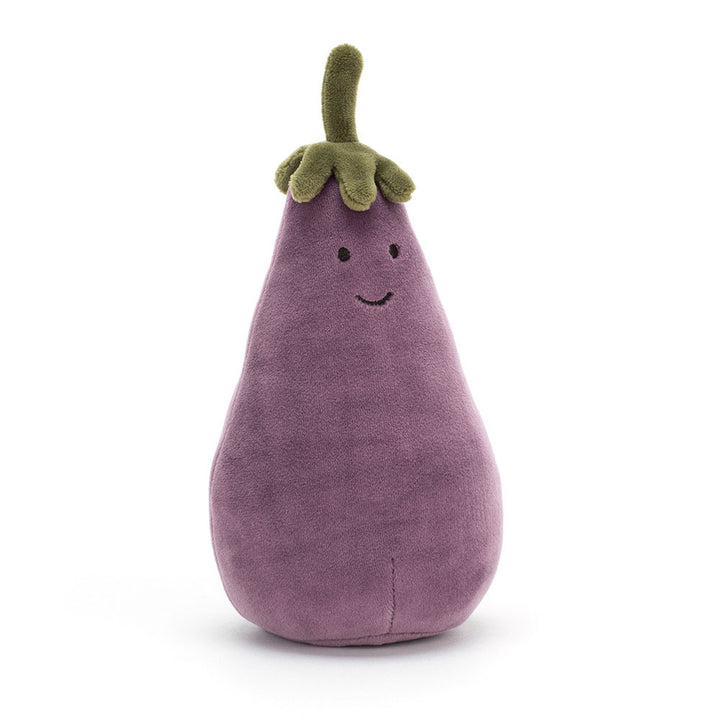 Jellycat Amuseables Aubergine von vorn, violett mit grünem Stiel und gesticktem Gesicht