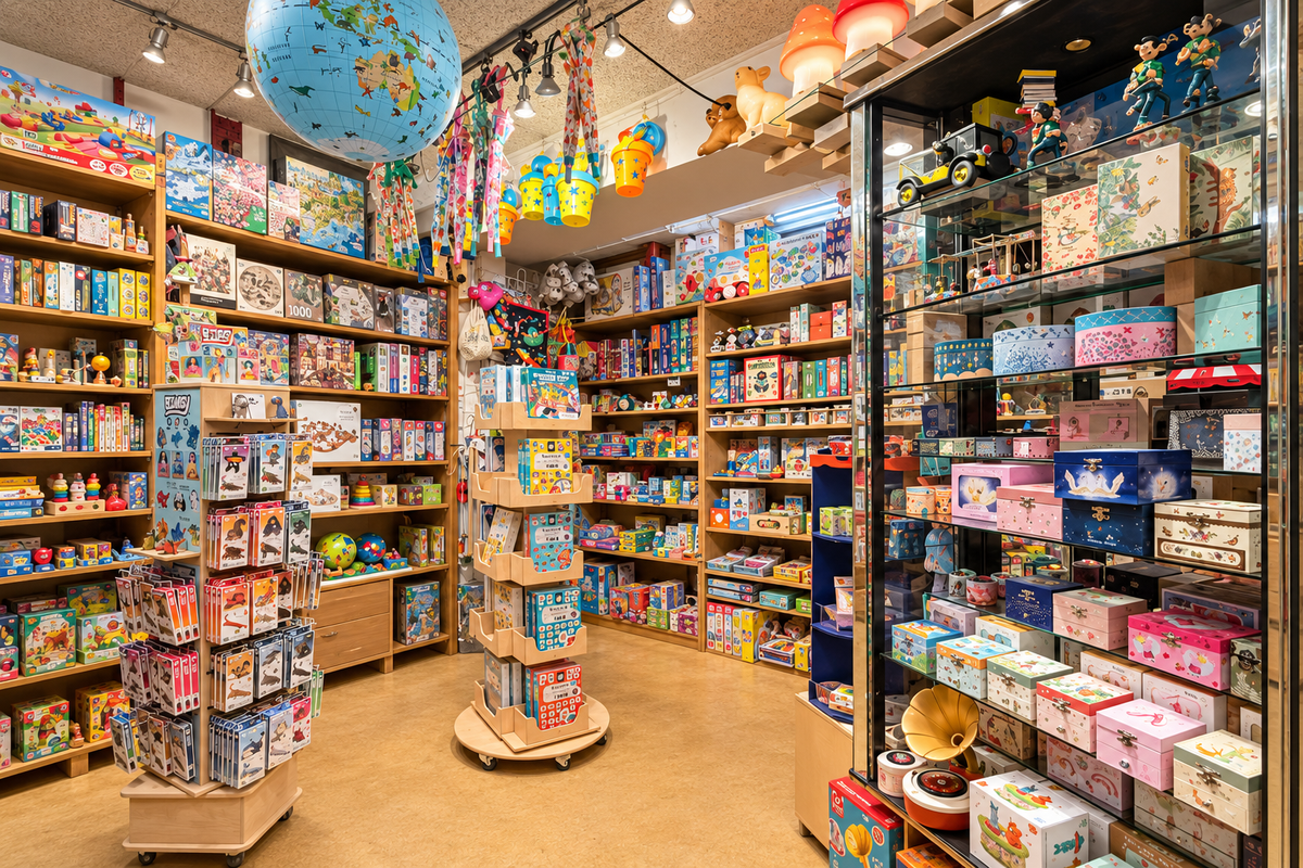 Winkelinterieur met speelgoed, boeken en cadeaus