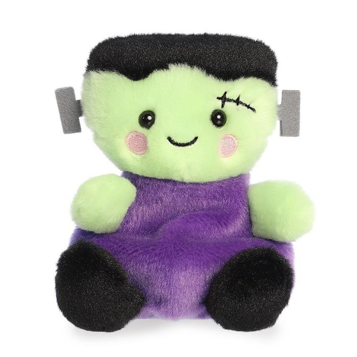 Groene Aurora Palm Pals Bolts Frankensteinknuffel met paars lijf en grijze bouten, vooraanzicht op witte achtergrond.