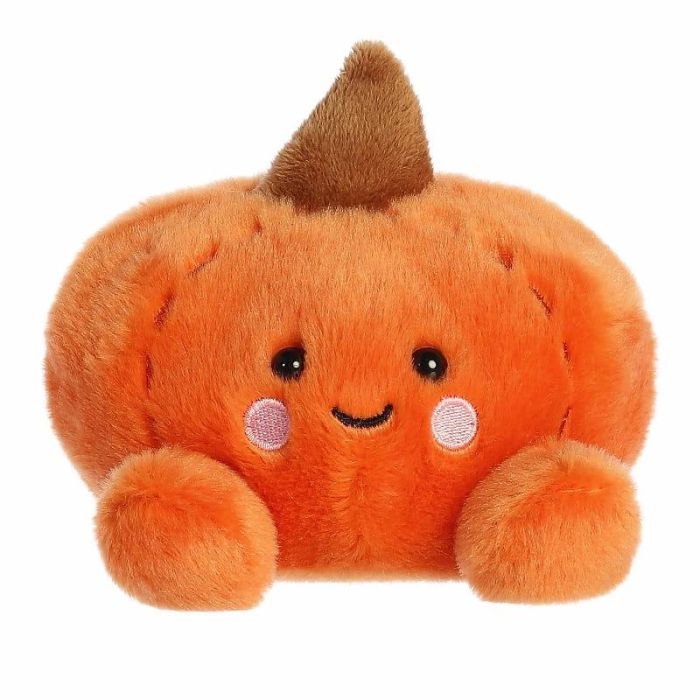 Oranje Palm Pals-pompoenknuffel met bruine steel en roze wangen, op witte achtergrond.