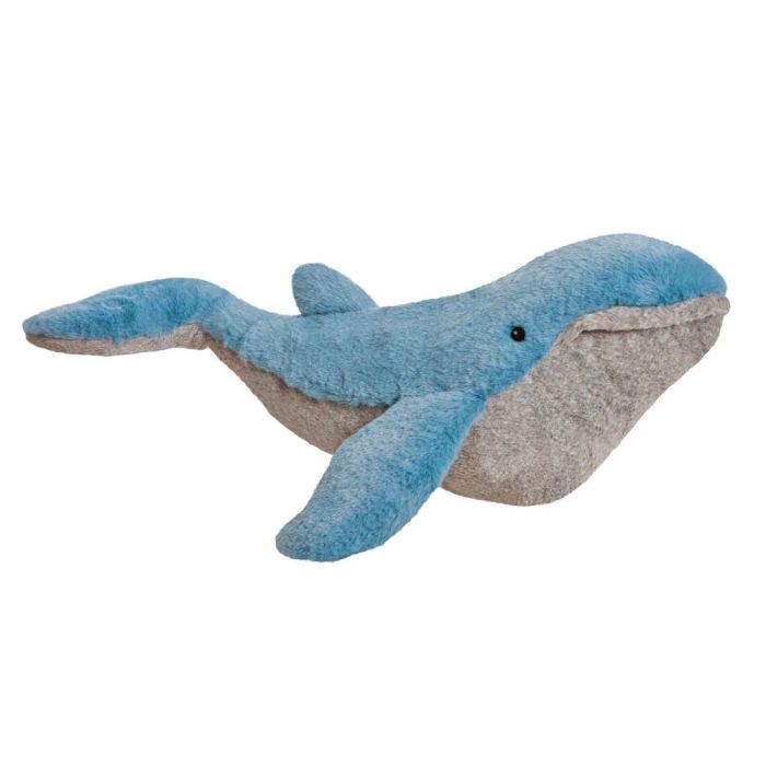Light-blue Aurora Borealis whale soft toy with a grey underside, shown from the side on a white background.