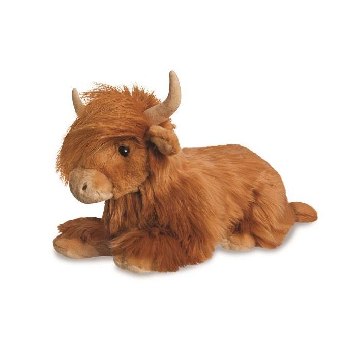 Brown Aurora Scottish Highland cow soft toy lying down, with long fur and horns, on a white background.